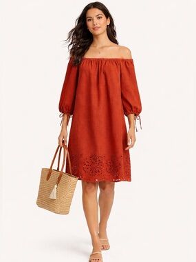 J.Crew Linen Cotton Off-Shoulder Dress Eyelet Hem MEDIUM NWT beach summer chic